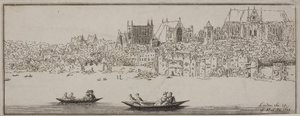 Uitzicht op Westminster Abbey en het Palace of Westminster vanaf de rivier de Theems met boten op de voorgrond, ca. 1750